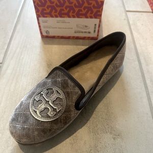 NIB Tory Burch | Quilted Billy Slipper - Smart Velvet/Leather | Gray | Size 8